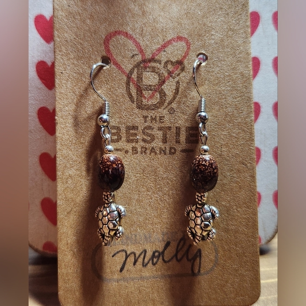 Silver in Color Turtle Charm Brown Beads Handmade Dangle Earrings Leverback